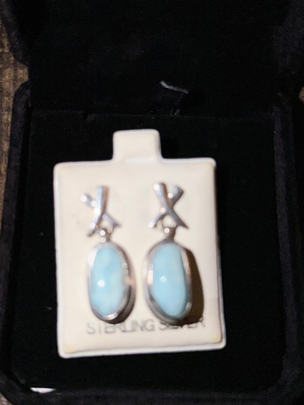 BRAND NEW STERLING SILVER AND LARIMAR OVAL STONES EARRINGS